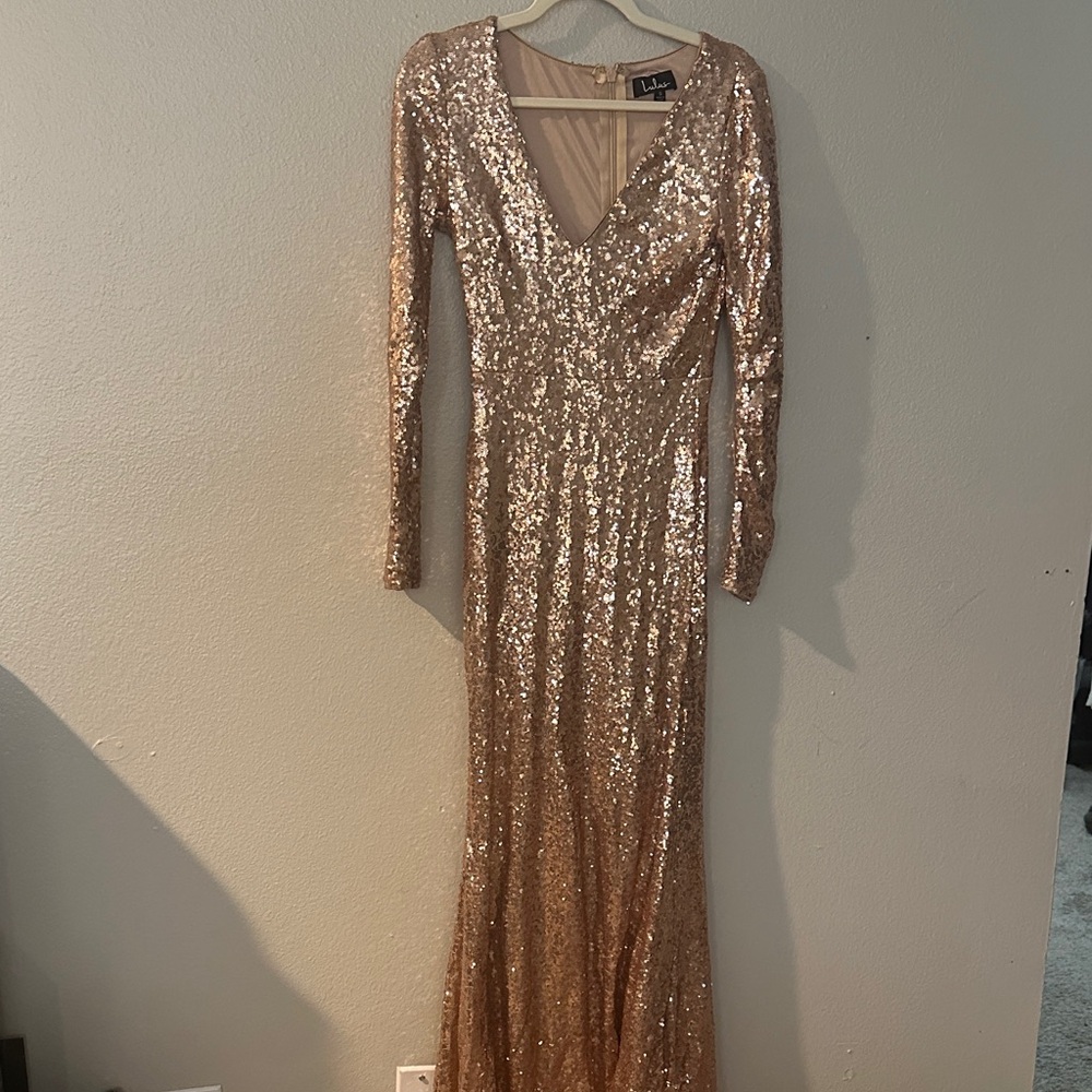 Lulu's Rose Gold Sequin V-Neck Long Sleeve Gown